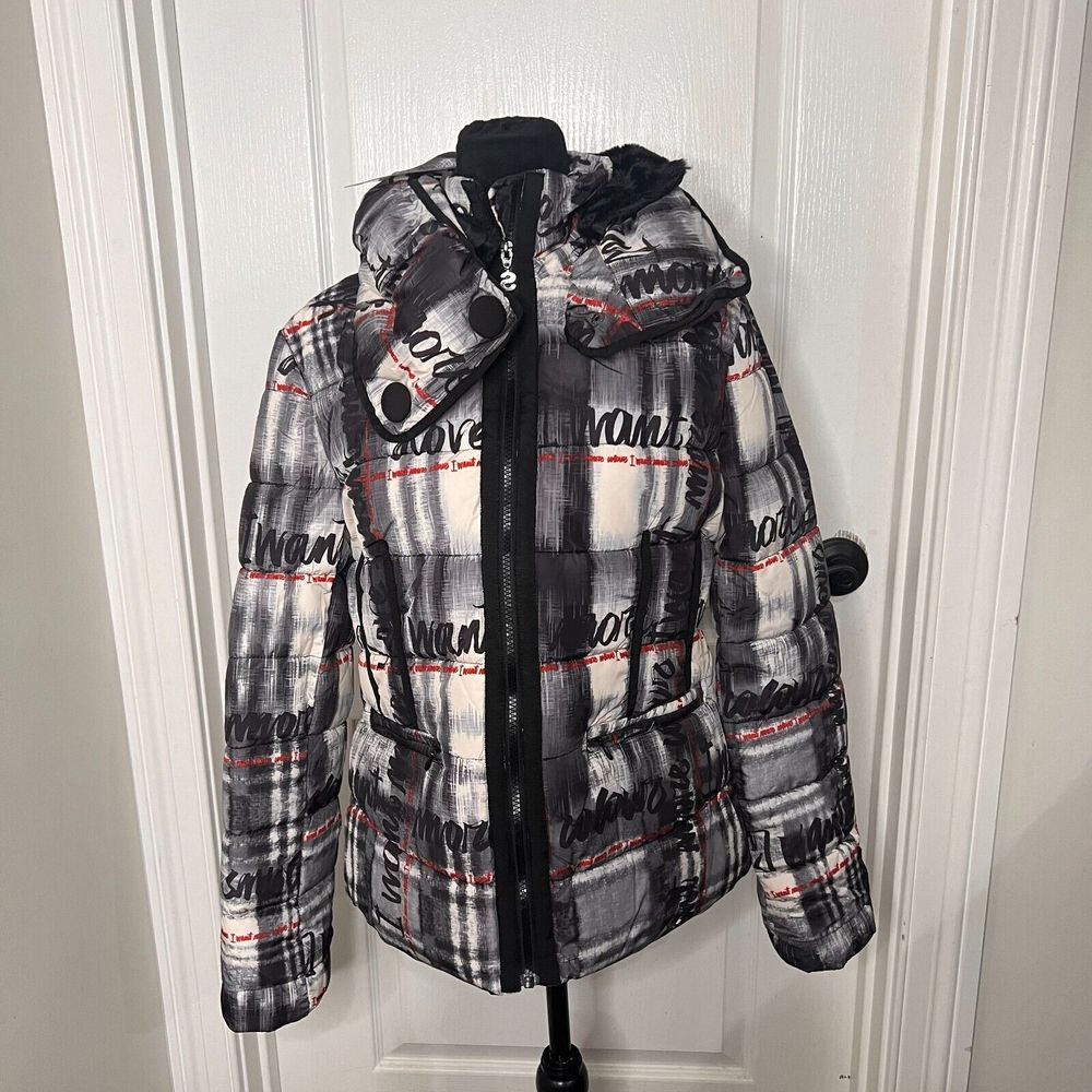 Desigual Womens Jacket Size 6 Black Sigrun 36 Padded Tartan Lettering Coat NWT